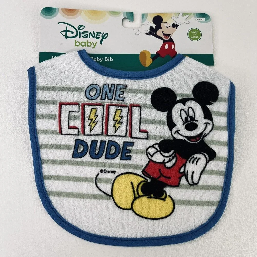 Disney Mickey Mouse Baby Bib Set Lot 3 Boy Blue and White New Cotton Washable